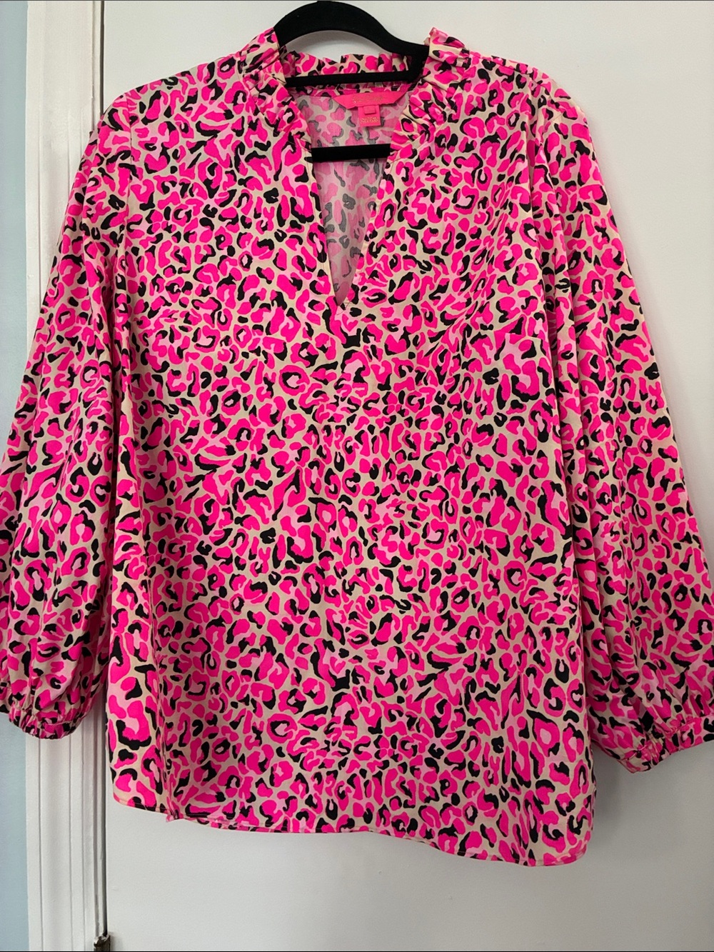 Lilly Pulitzer Neon Pink Leopard Print V-Neck Blouse